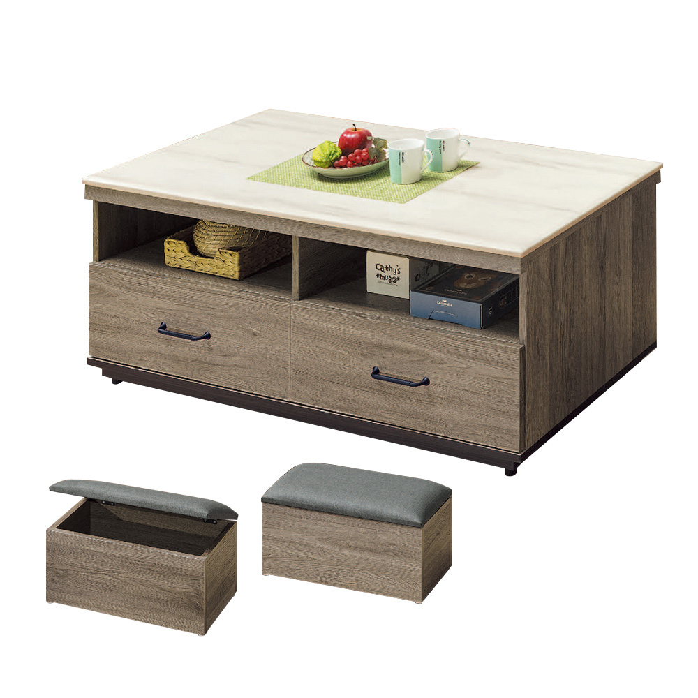 安迪4尺石面大茶几(附收納椅凳2入)