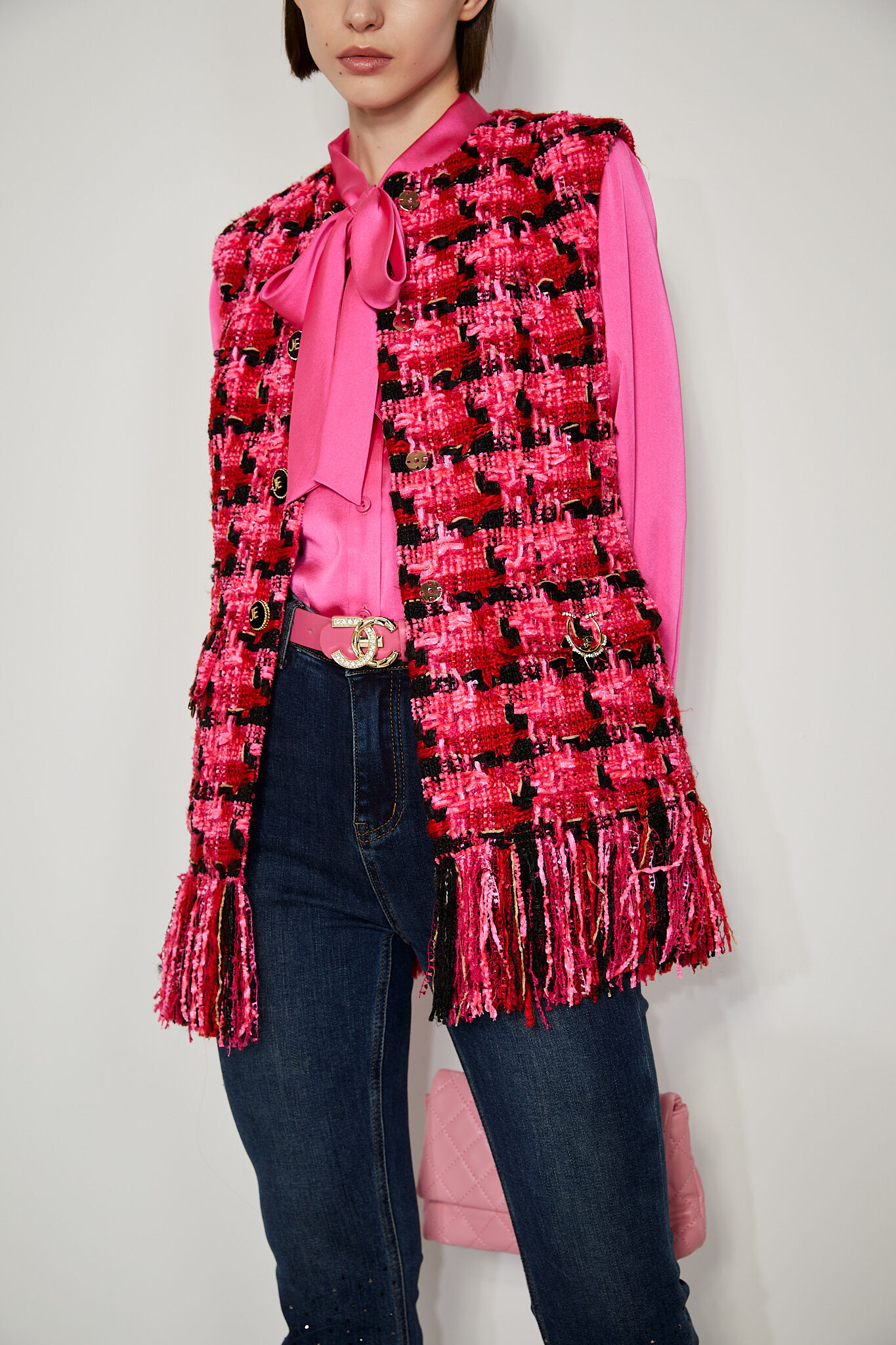 BC15001Y1 玫瑰桃紅絨沙粗花呢小香長馬甲