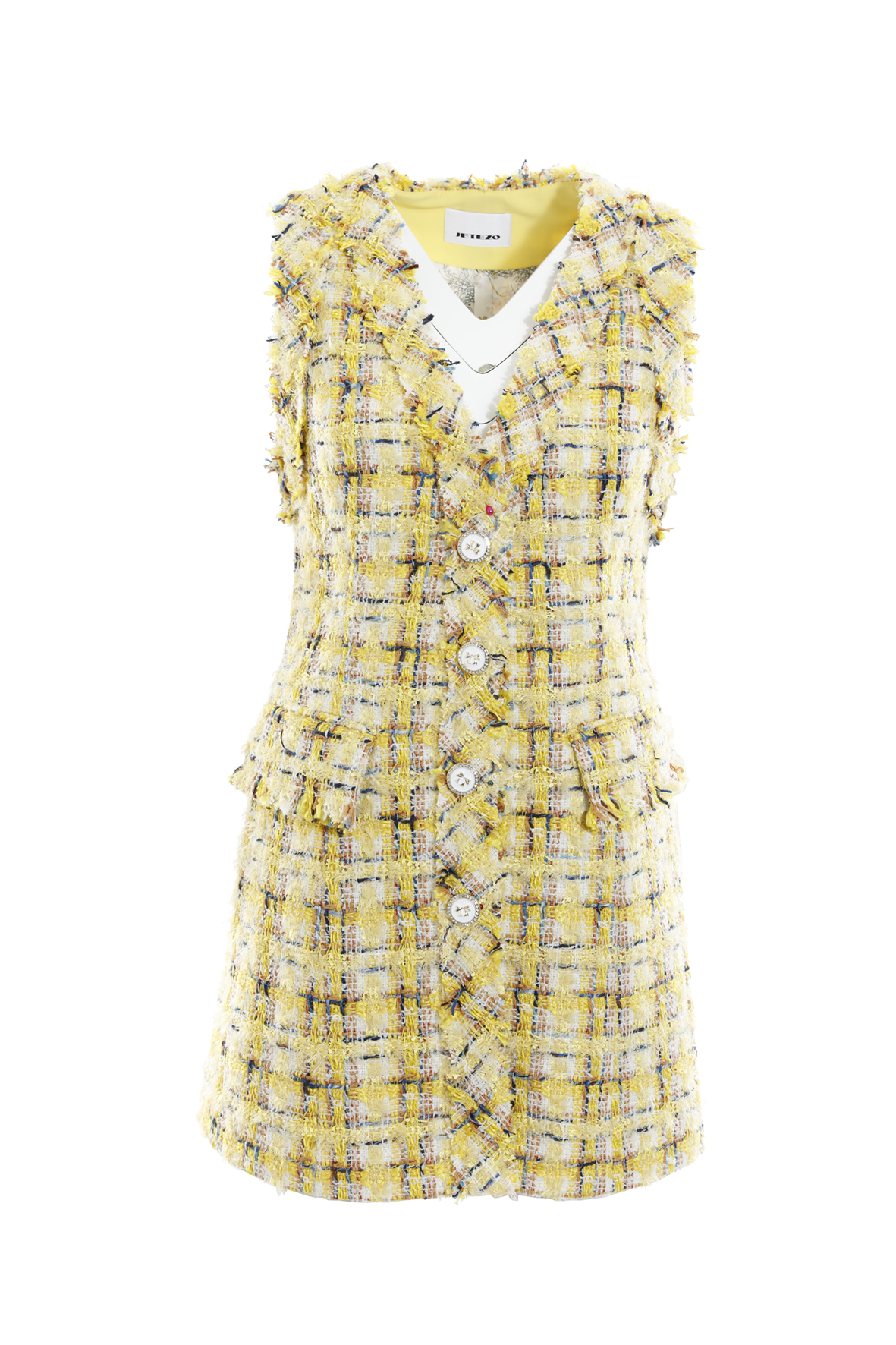 BC15003Y1 陽光黃小香粗花毛呢長版背心 (附別針)