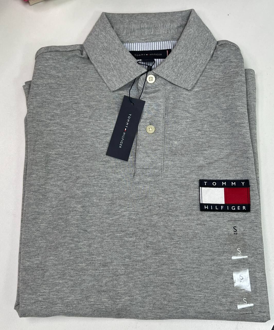 [S] TOMMY HILFIGER GRAY REGULAR FIT BIG LOGO PATCH STRECH MESH POLO, XM04381-020 (STH1439)