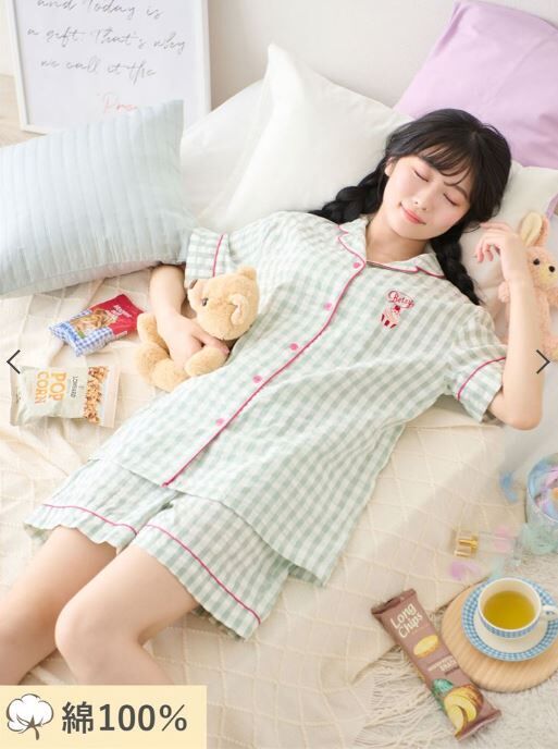 [連線] tutu anna【清爽涼感】100%純棉格紋杯子蛋糕刺繡短袖睡衣