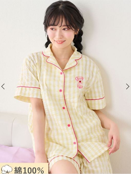 [連線] tutu anna【清爽涼感】100%純棉格紋杯子蛋糕刺繡短袖睡衣