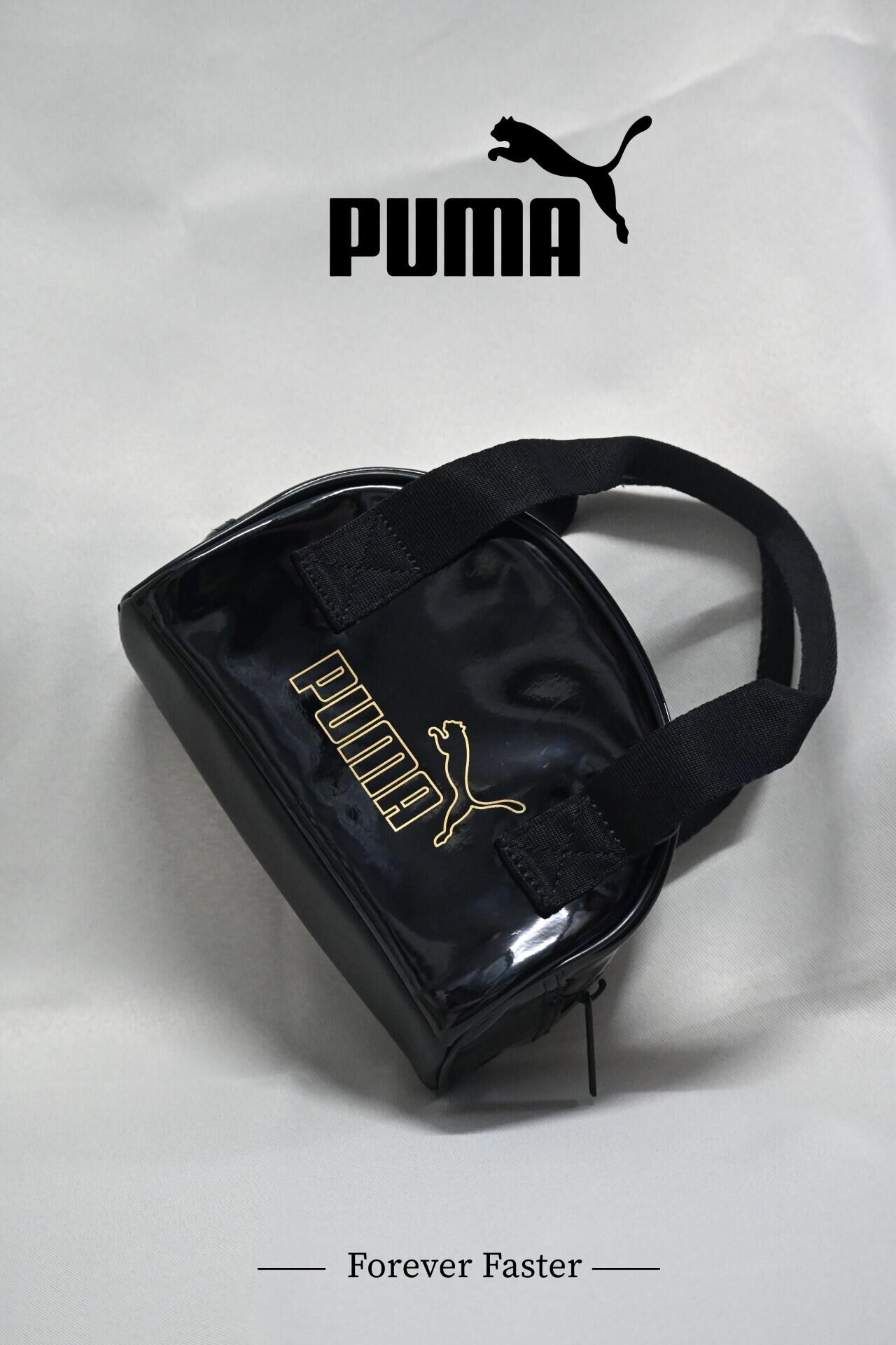 代購-PUMA 燙金Logo 手提單肩斜挎包 黑金色