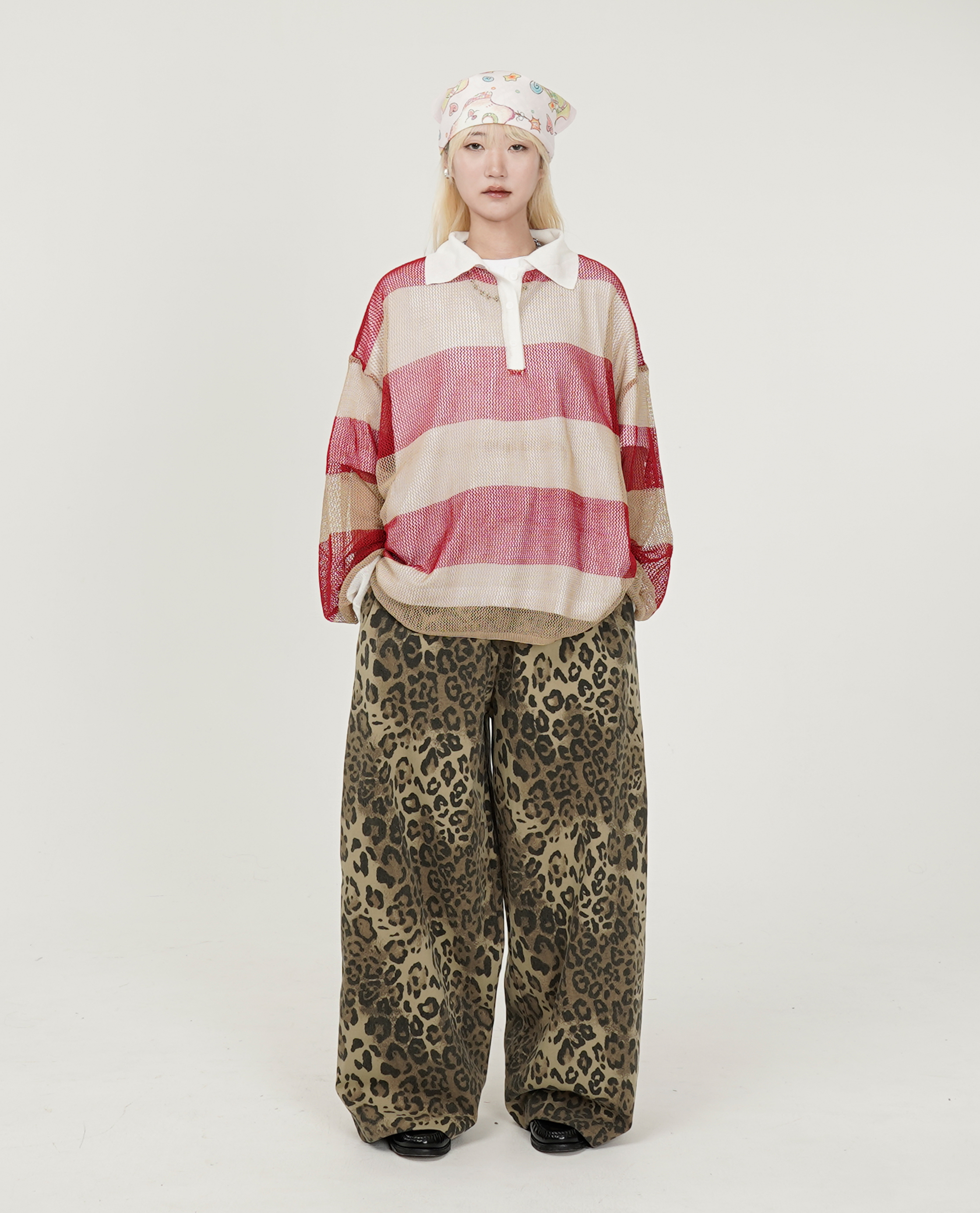 水洗豹紋綁繩寬直筒褲