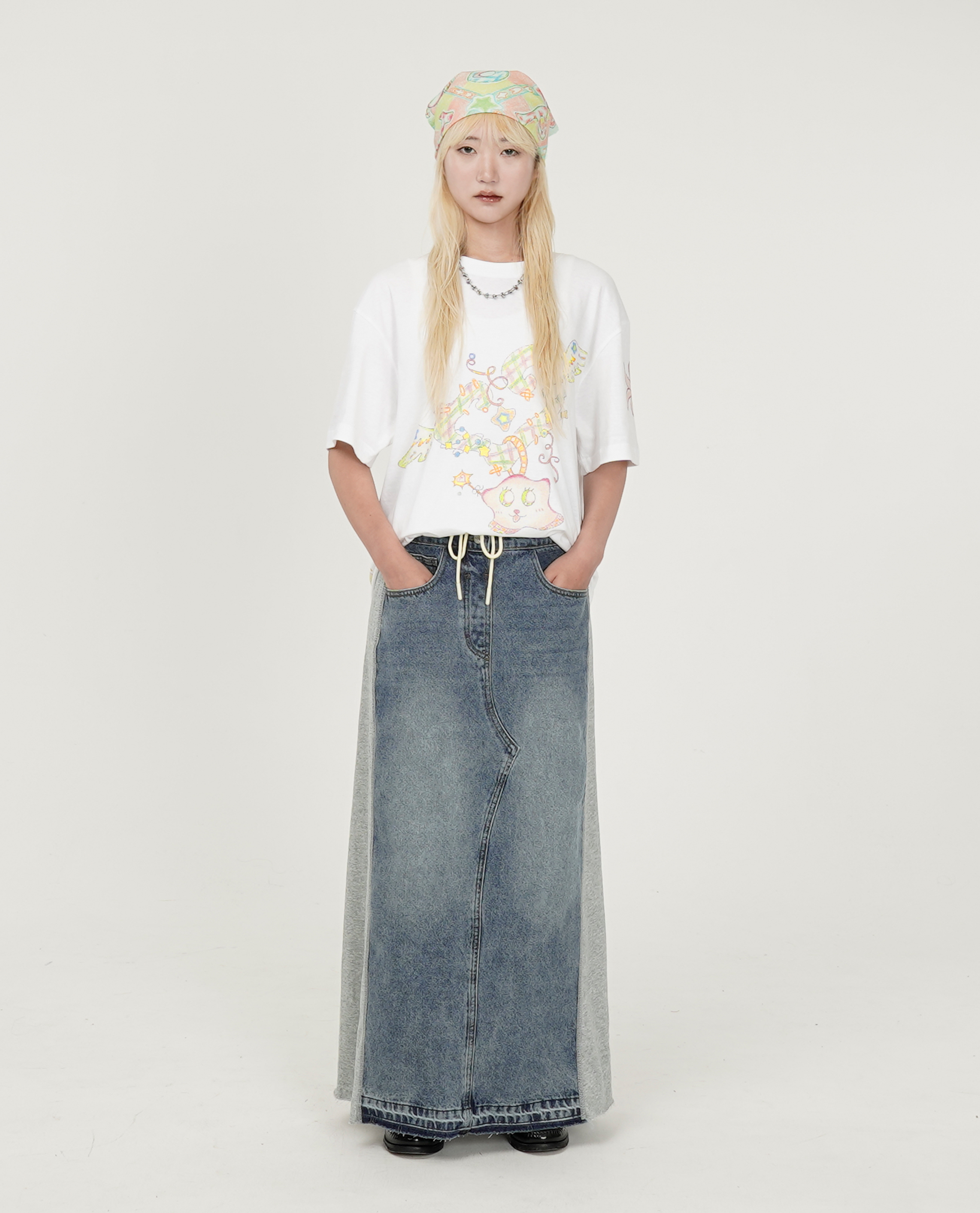 牛仔拼接棉料長裙