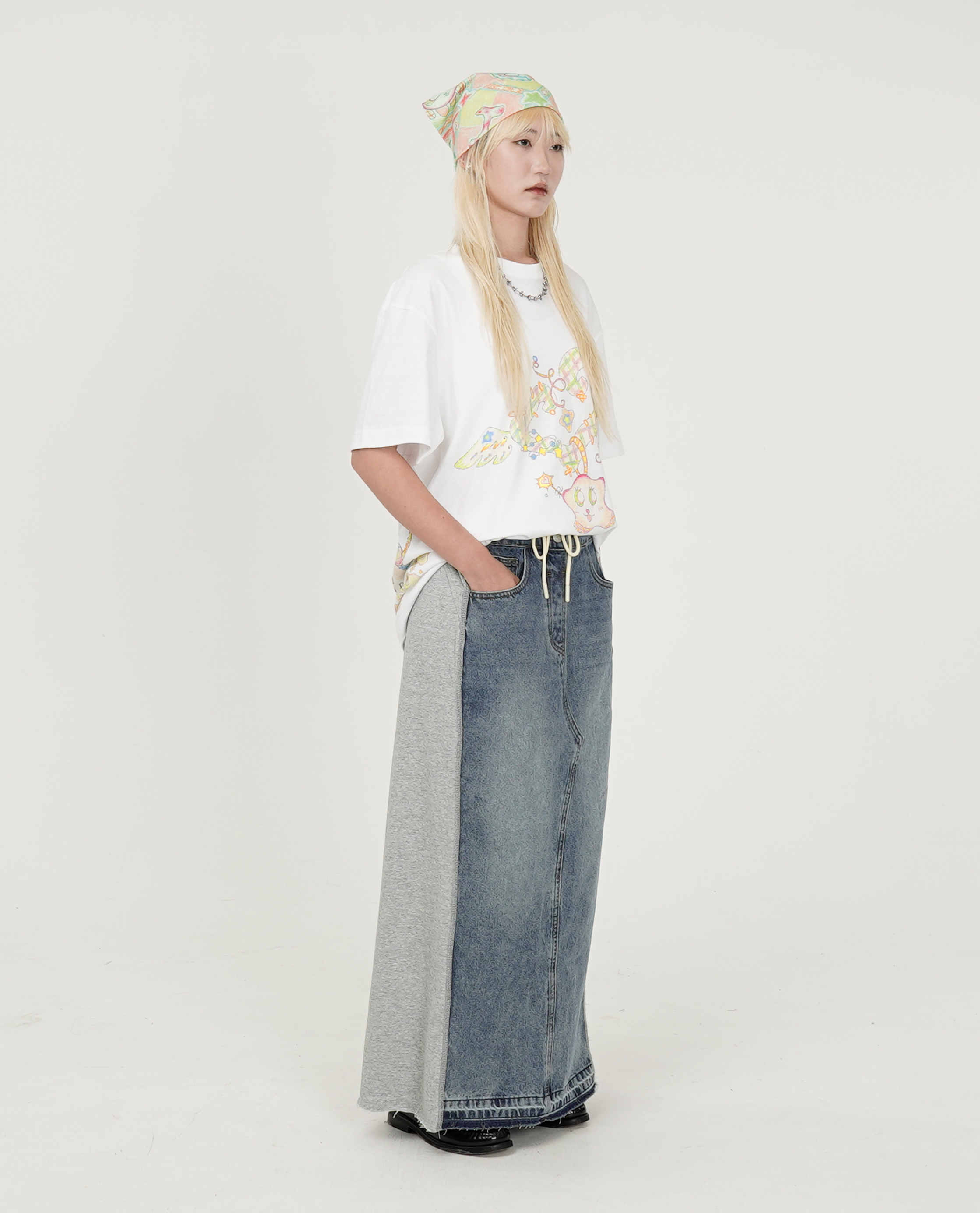 牛仔拼接棉料長裙