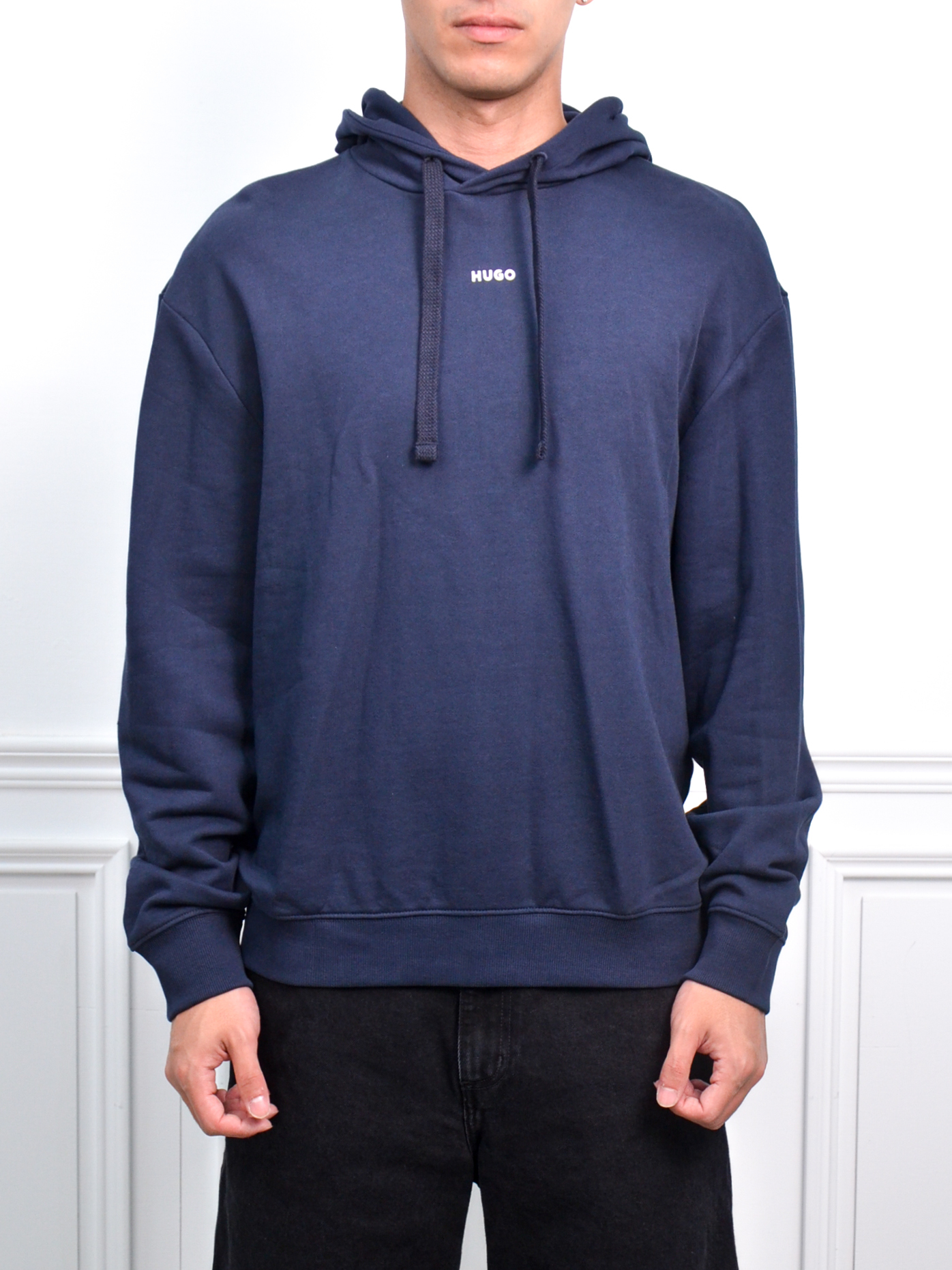 HUGO Cotton-terry relaxed-fit hoodie with logo print 小LOGO帽T 黑/白/藍【50486478】