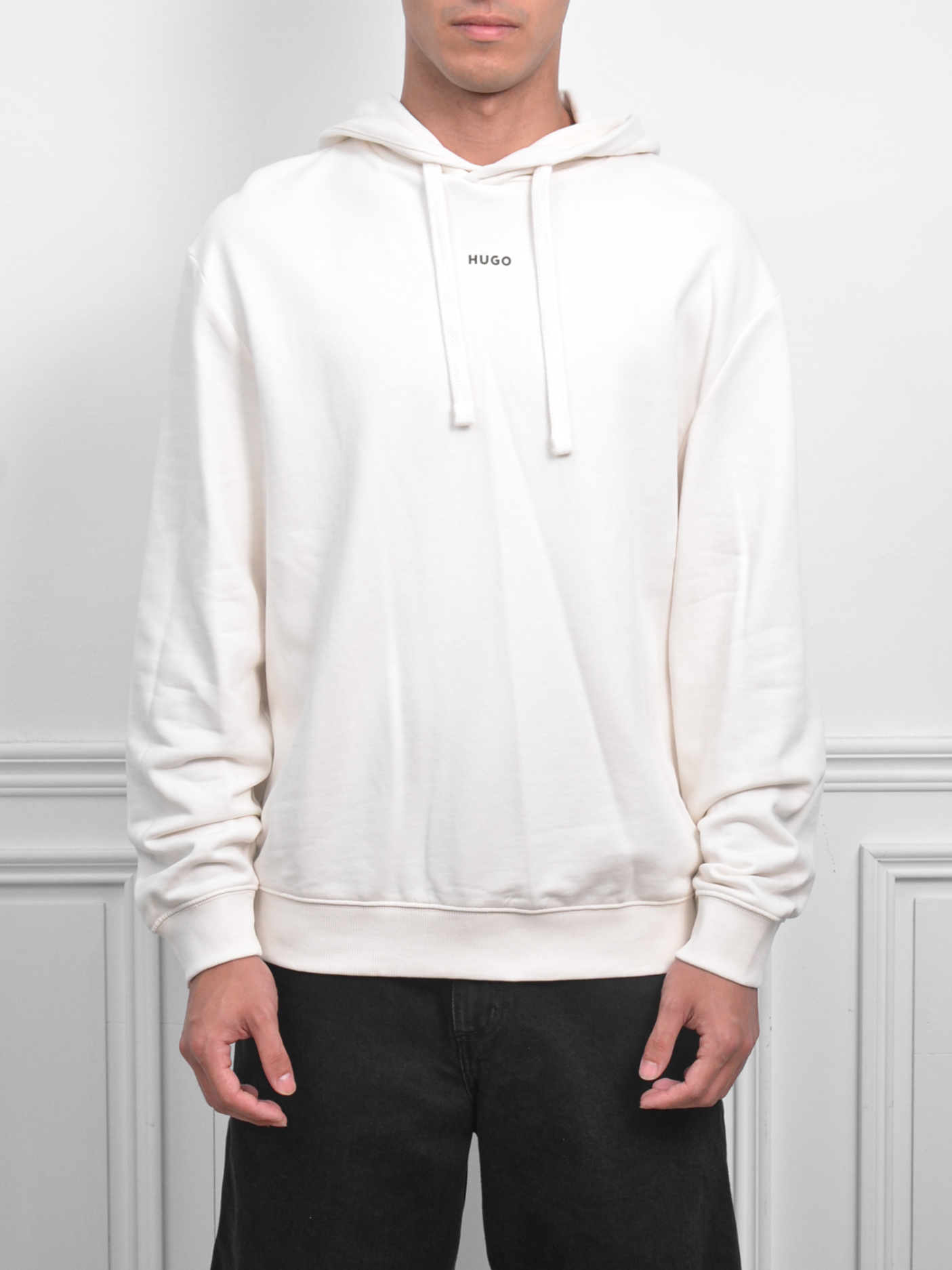 HUGO Cotton-terry relaxed-fit hoodie with logo print 小LOGO帽T 黑/白/藍【50486478】