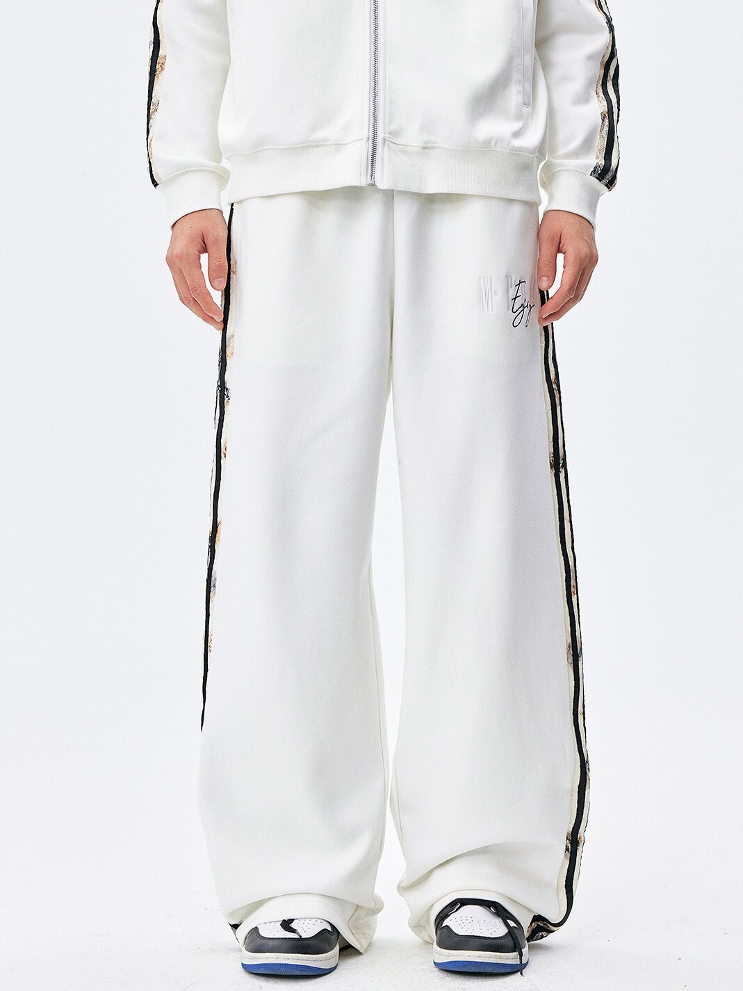 MEDM 蕾絲拼接條紋 寬鬆運動長褲