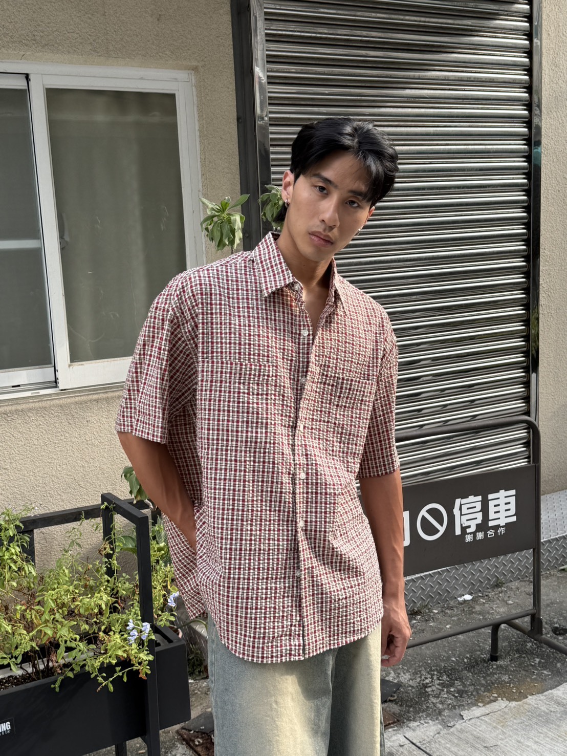 紅小格子混色視覺襯衫