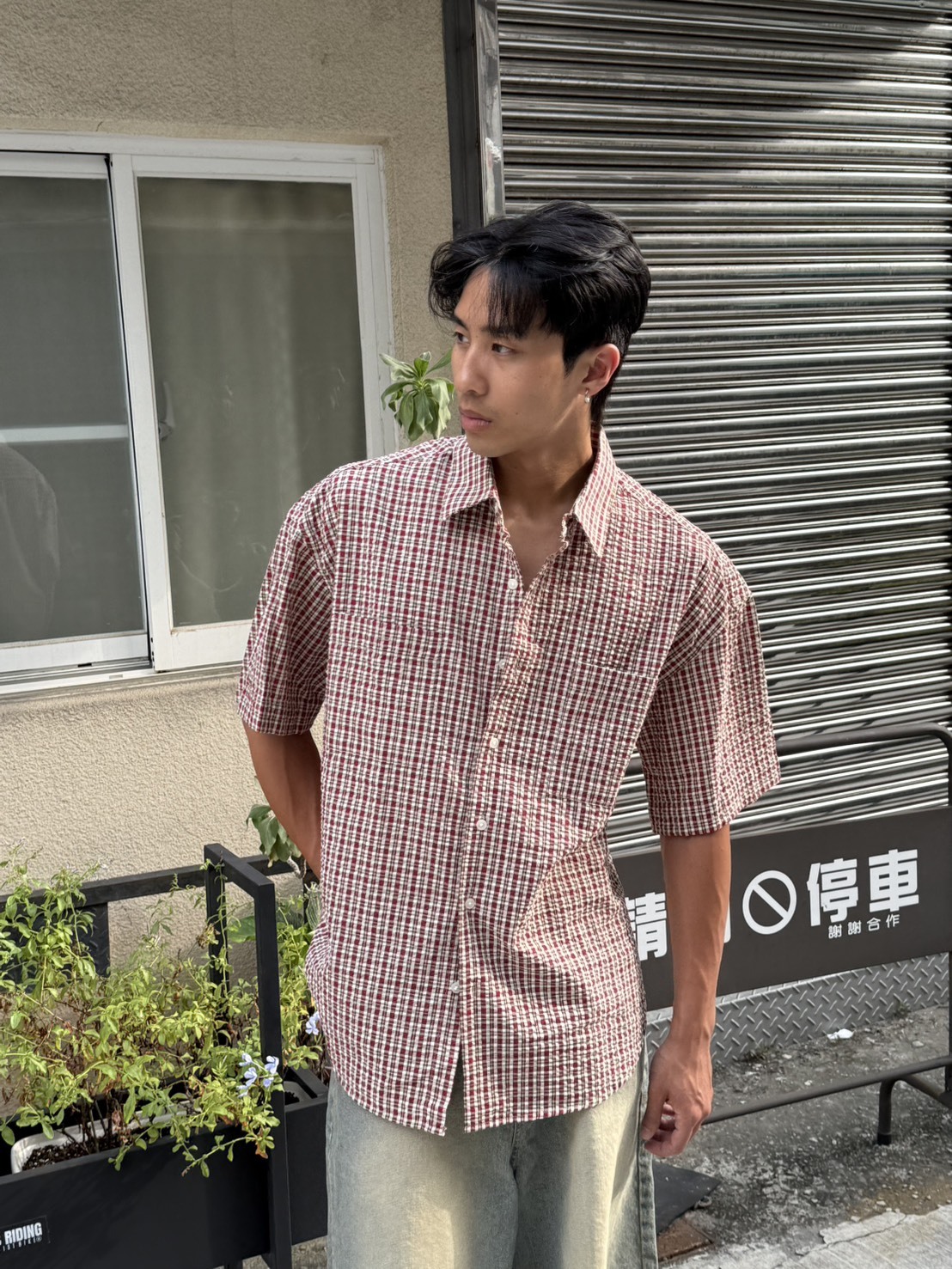 紅小格子混色視覺襯衫