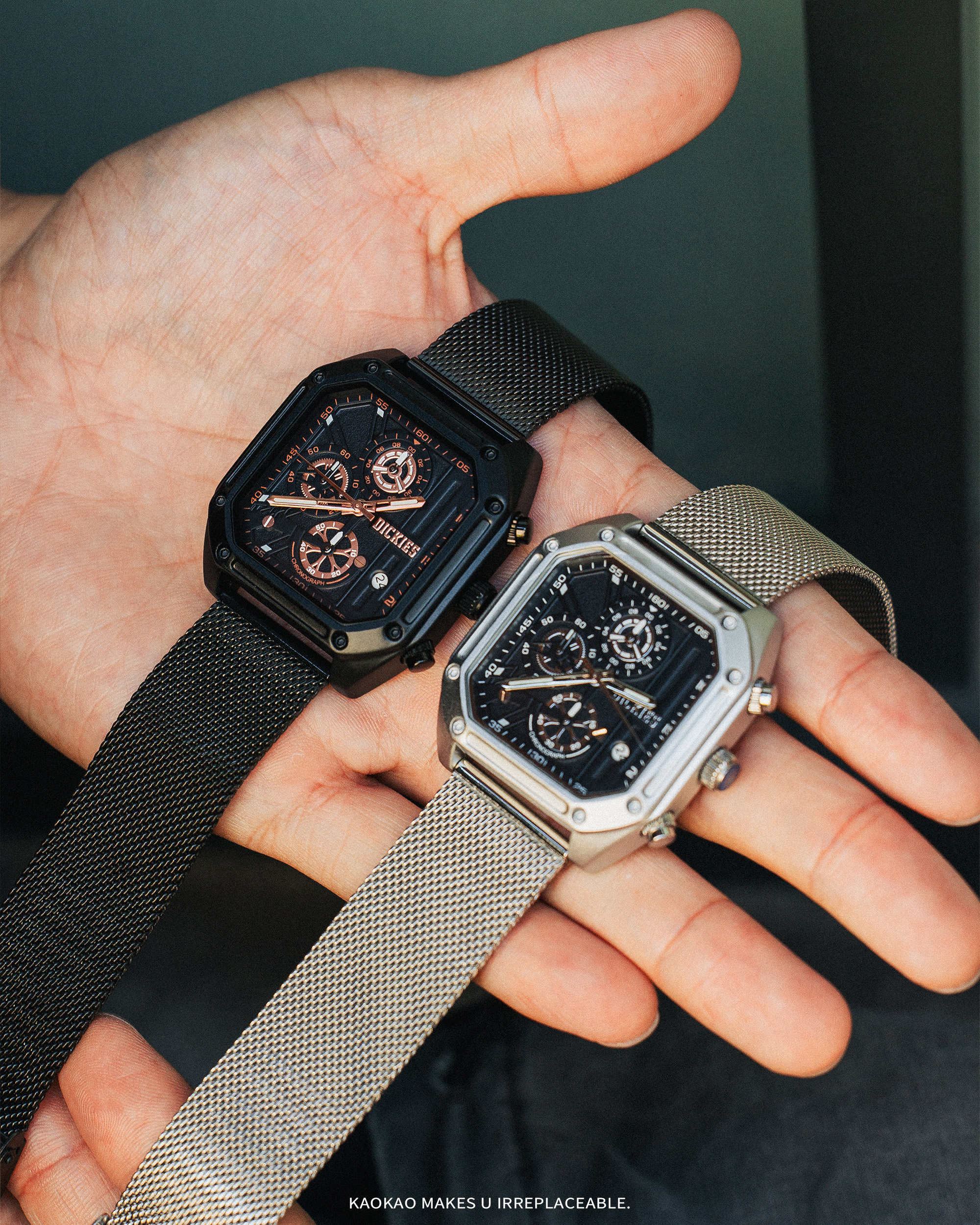 代購-Dickies 石英機芯 鋼錶帶 黑色錶盤 三眼計時帶日曆 小方塊手錶