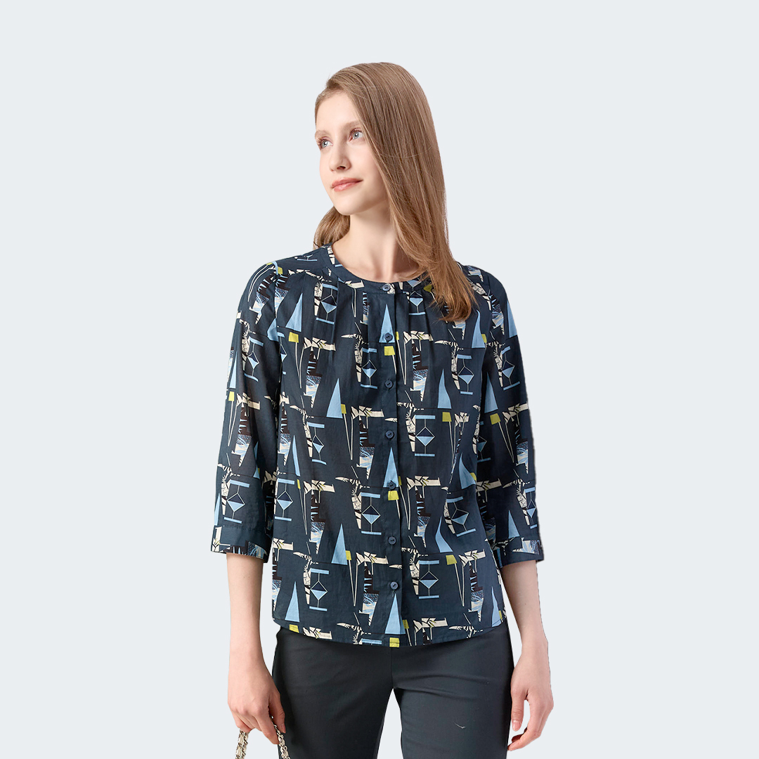 幾何印花棉質七分袖襯衫罩衫