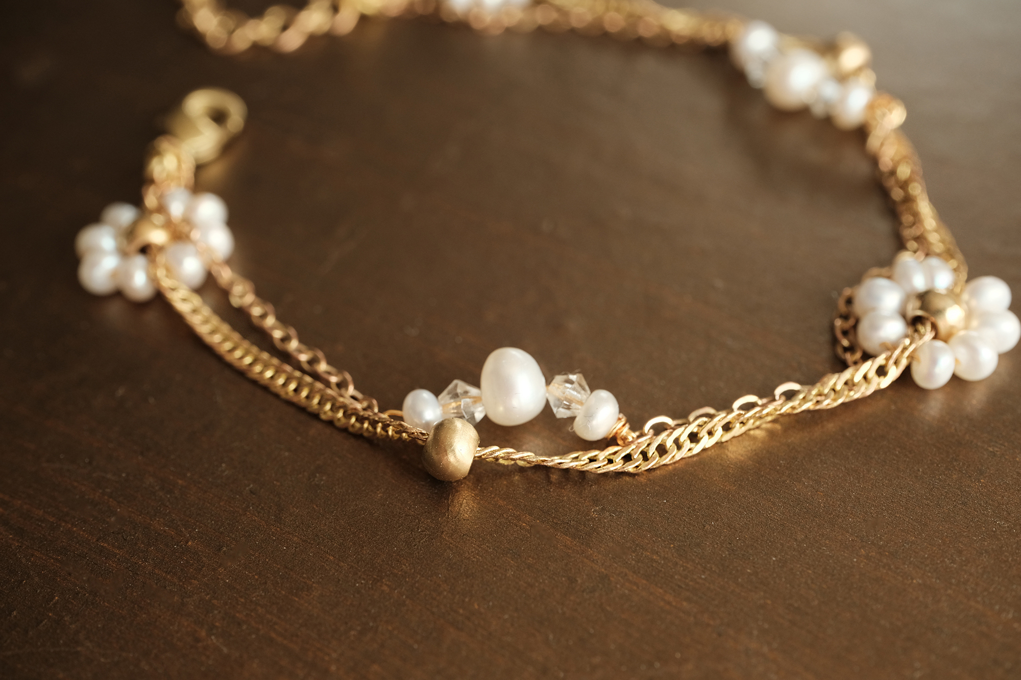 黃銅飾品, 手鍊, 飾品, 黃銅, 天然珍珠,氣質,花,施華洛世奇水晶,雙層