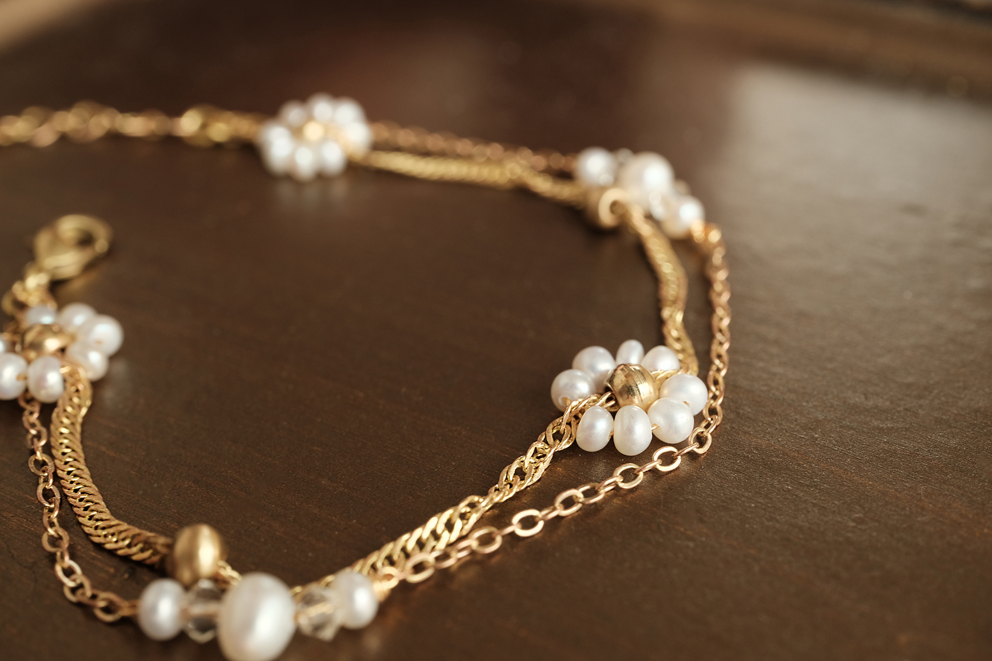 黃銅飾品, 手鍊, 飾品, 黃銅, 天然珍珠,氣質,花,施華洛世奇水晶,雙層