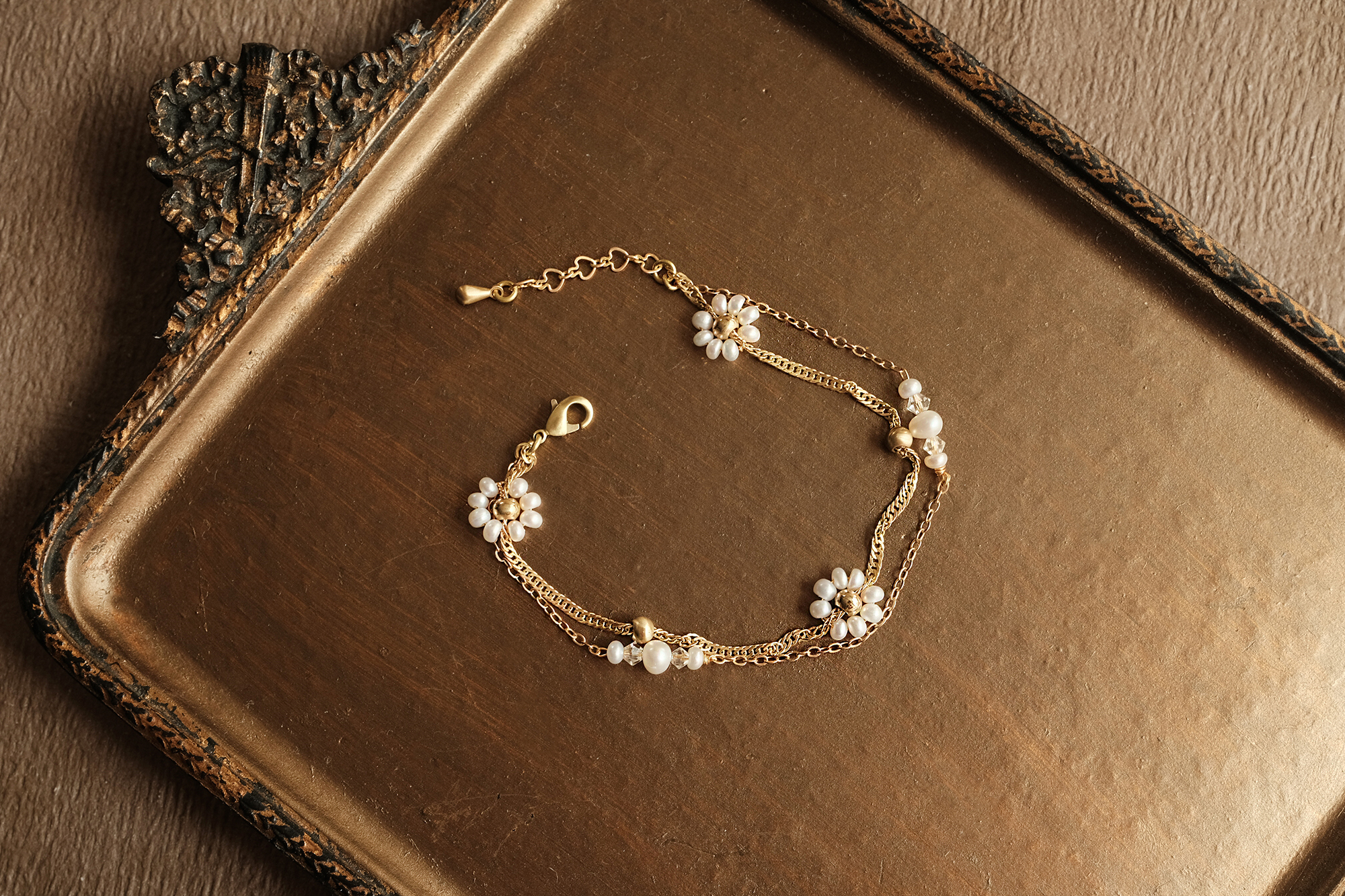 黃銅飾品, 手鍊, 飾品, 黃銅, 天然珍珠,氣質,花,施華洛世奇水晶,雙層