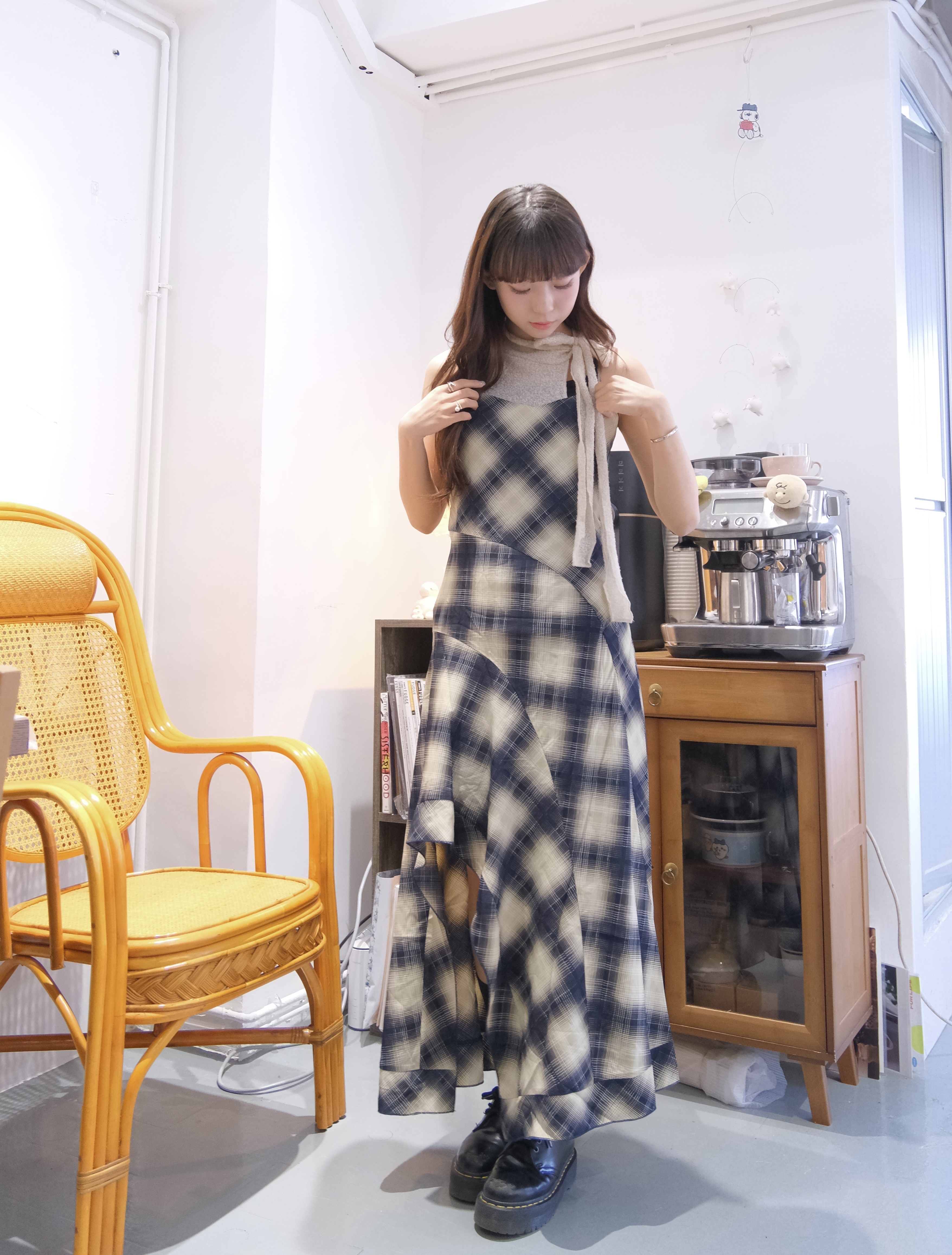 仙氣格紋斜CUT長OPS