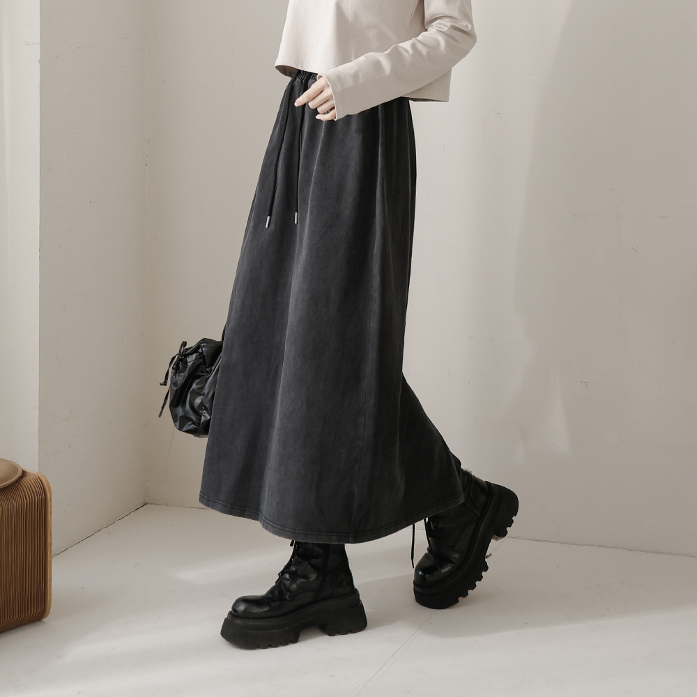 Plain cotton skirt with washed-out design and straps, sold in two colors【03021530】in stock+pre-order