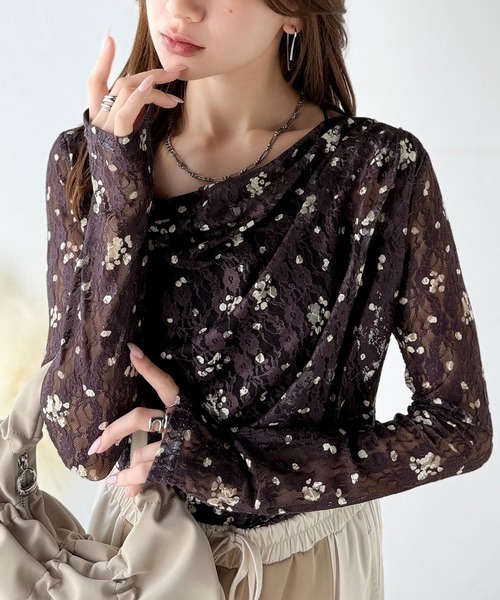 日本🇯🇵連線 Mily Bilet 垂墜領花卉蕾絲透膚上衣 花朵印花 蕾絲 透膚 垂墜設計 長袖 內搭 4色(任買兩件711免運)/預購