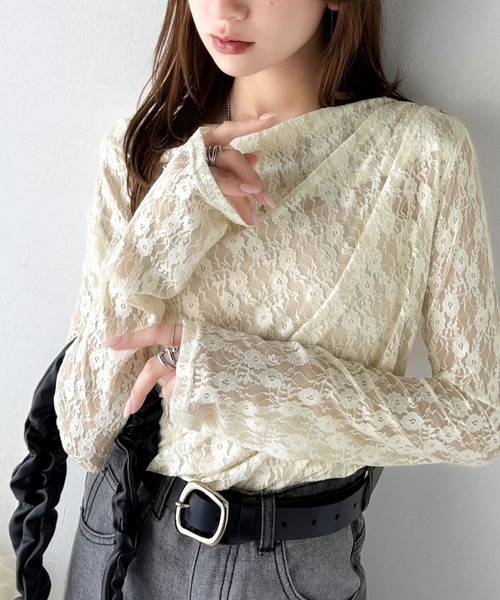 日本🇯🇵連線 Mily Bilet 垂墜領花卉蕾絲透膚上衣 花朵印花 蕾絲 透膚 垂墜設計 長袖 內搭 4色(任買兩件711免運)/預購