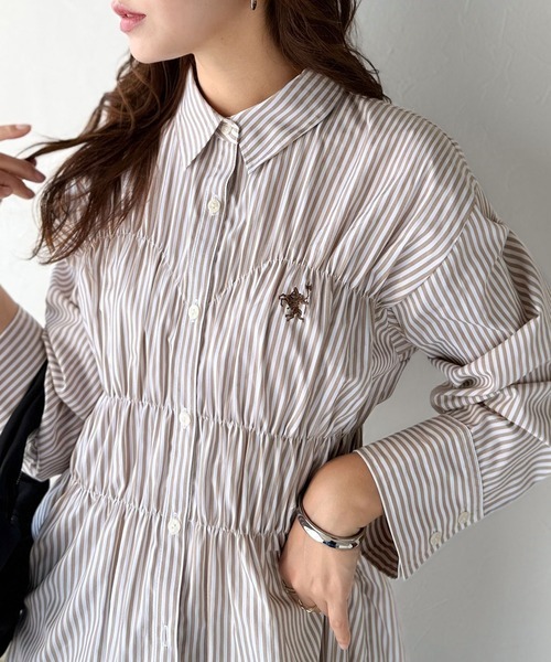 日本🇯🇵連線 Classical Elf 隨興風格刺繡皺褶大襯衫 皺褶設計 長袖襯衫 條紋 刺繡 寬鬆 襯衫外套 4色 (任買兩件711免運)/預購