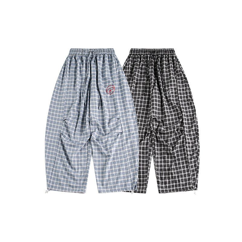 日系格紋彎刀舒適長褲