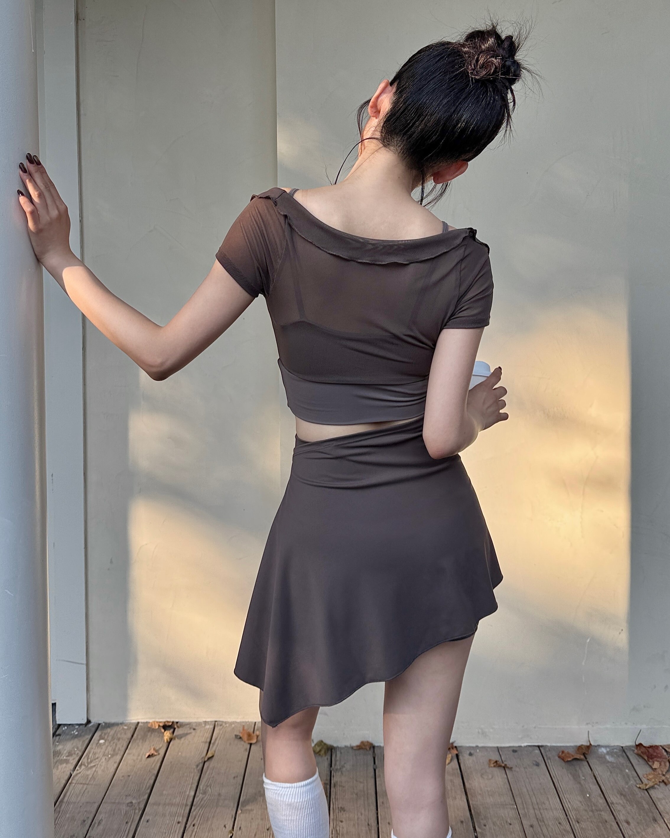 GLINT 花邊網紗兩件式上衣-咖啡