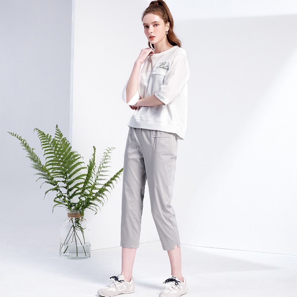 OL時尚休閒口袋造型斜邊褲口修身剪裁顯瘦八分褲W6561