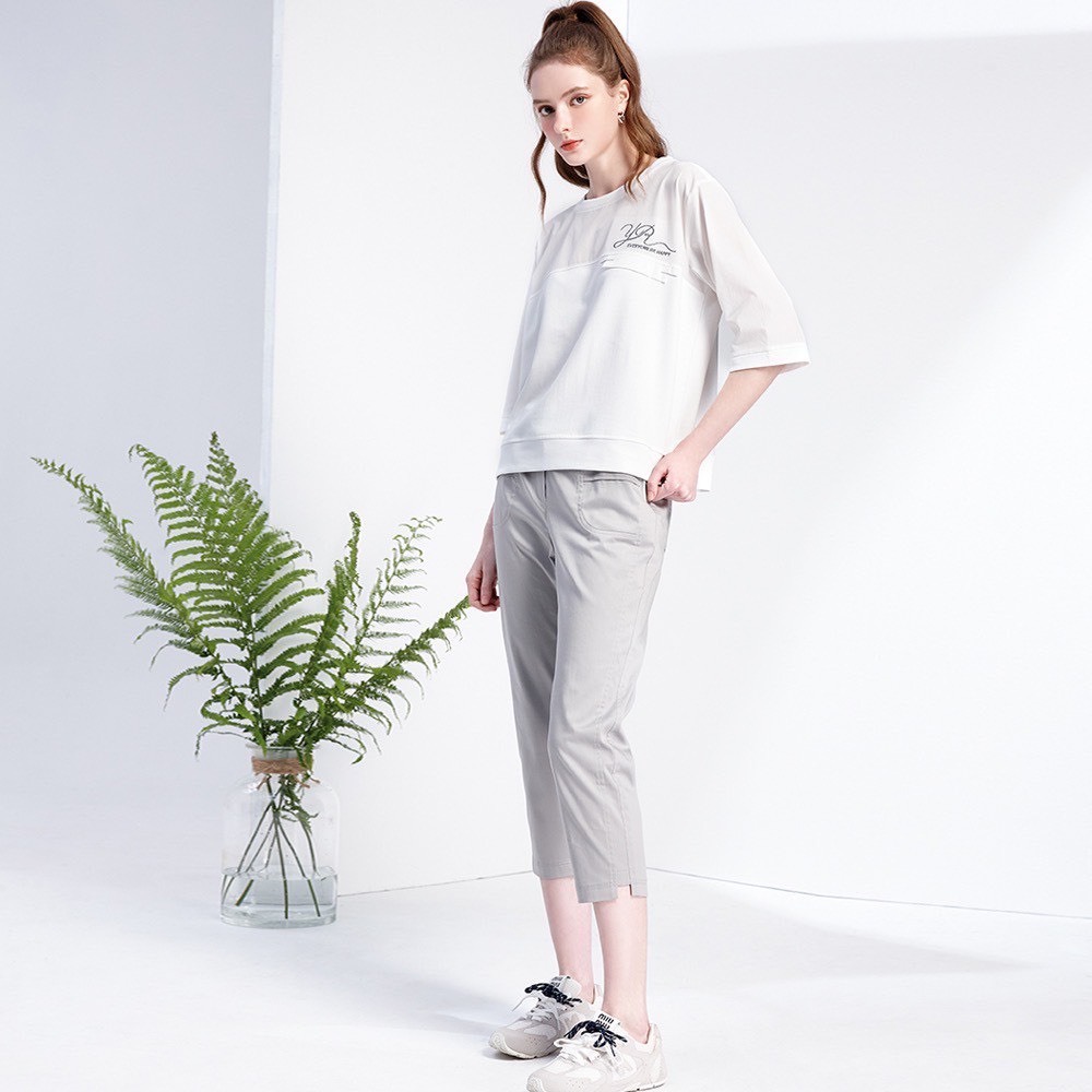 OL時尚休閒口袋造型斜邊褲口修身剪裁顯瘦八分褲W6561