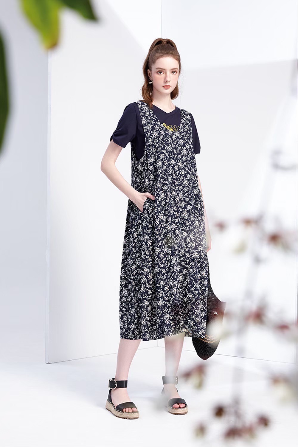 韓版甜美印花渡假休閒風闊型背心裙W6592