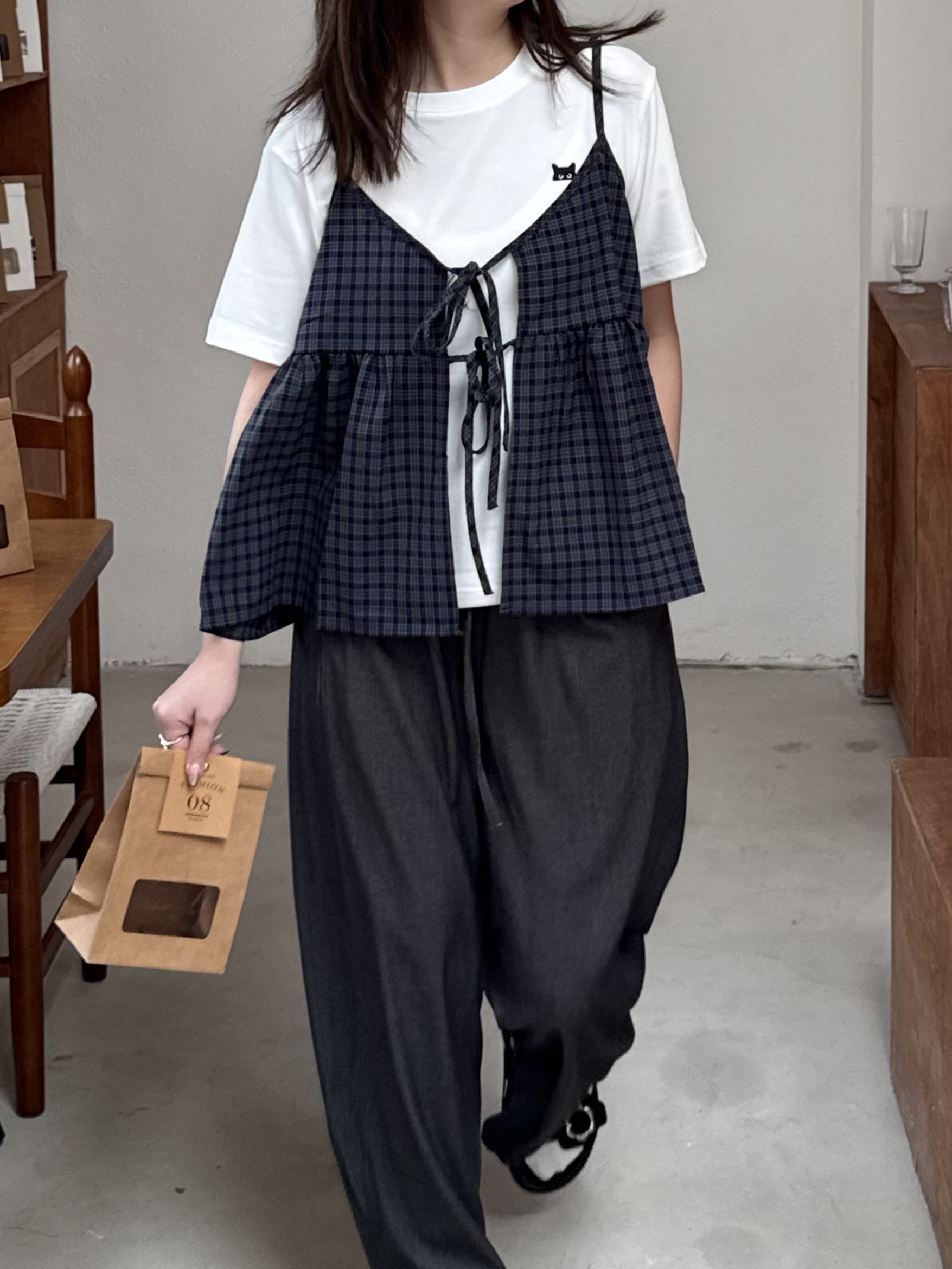 格子綁帶細肩背心