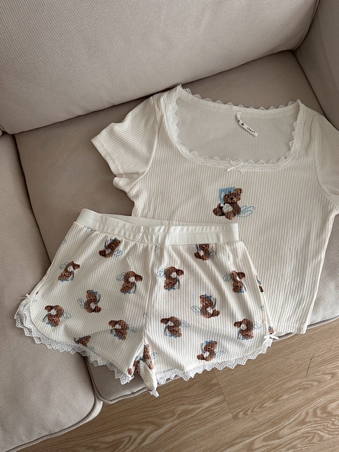 小熊蕾絲短袖+短褲 兩件式睡衣