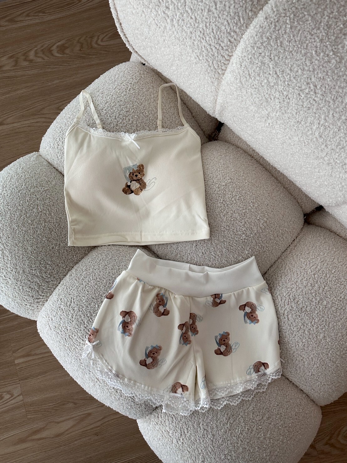 小熊蕾絲吊帶+短褲 兩件式睡衣