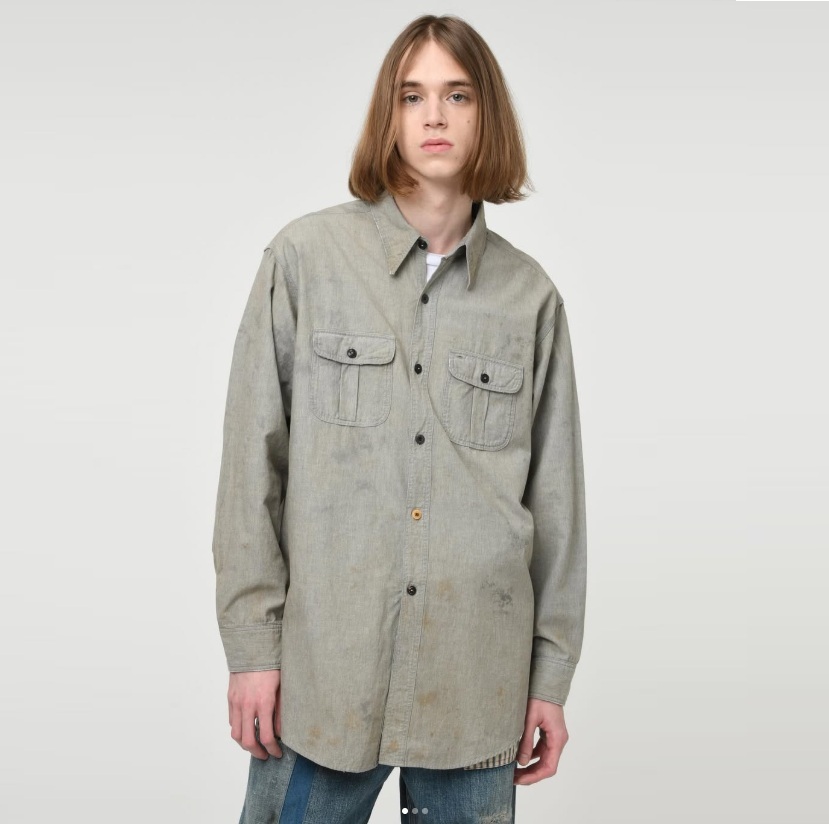 8/30 RELEASE: BOWWOW 2025 A/W REPAIRED WORN GRAY CHAMBRAY SHIRT - PRE ORDER ITEM (預訂中)