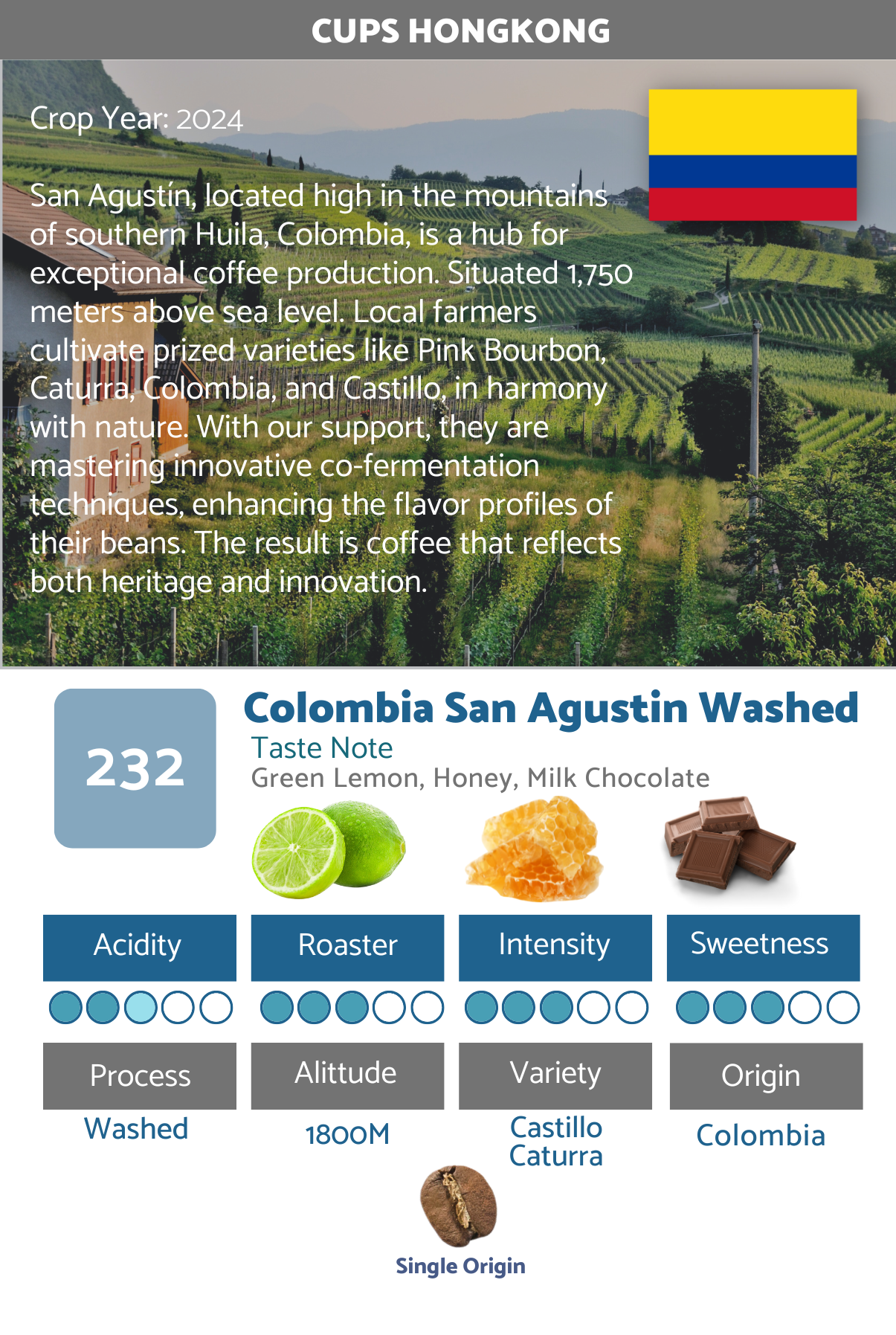 232 : Colombia San Agustin Washed 哥倫比亞精選咖啡豆