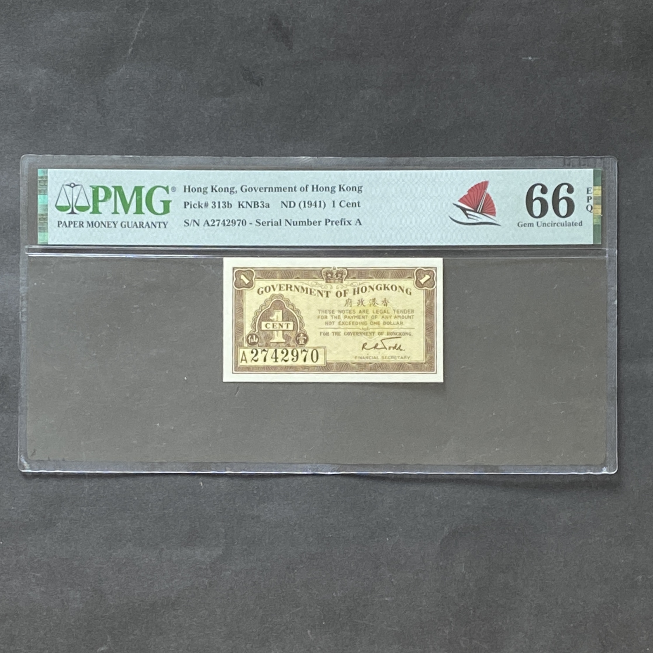 1941 Hong Kong Government 1 Cent Banknote (PMG 66 EPQ) A2742970