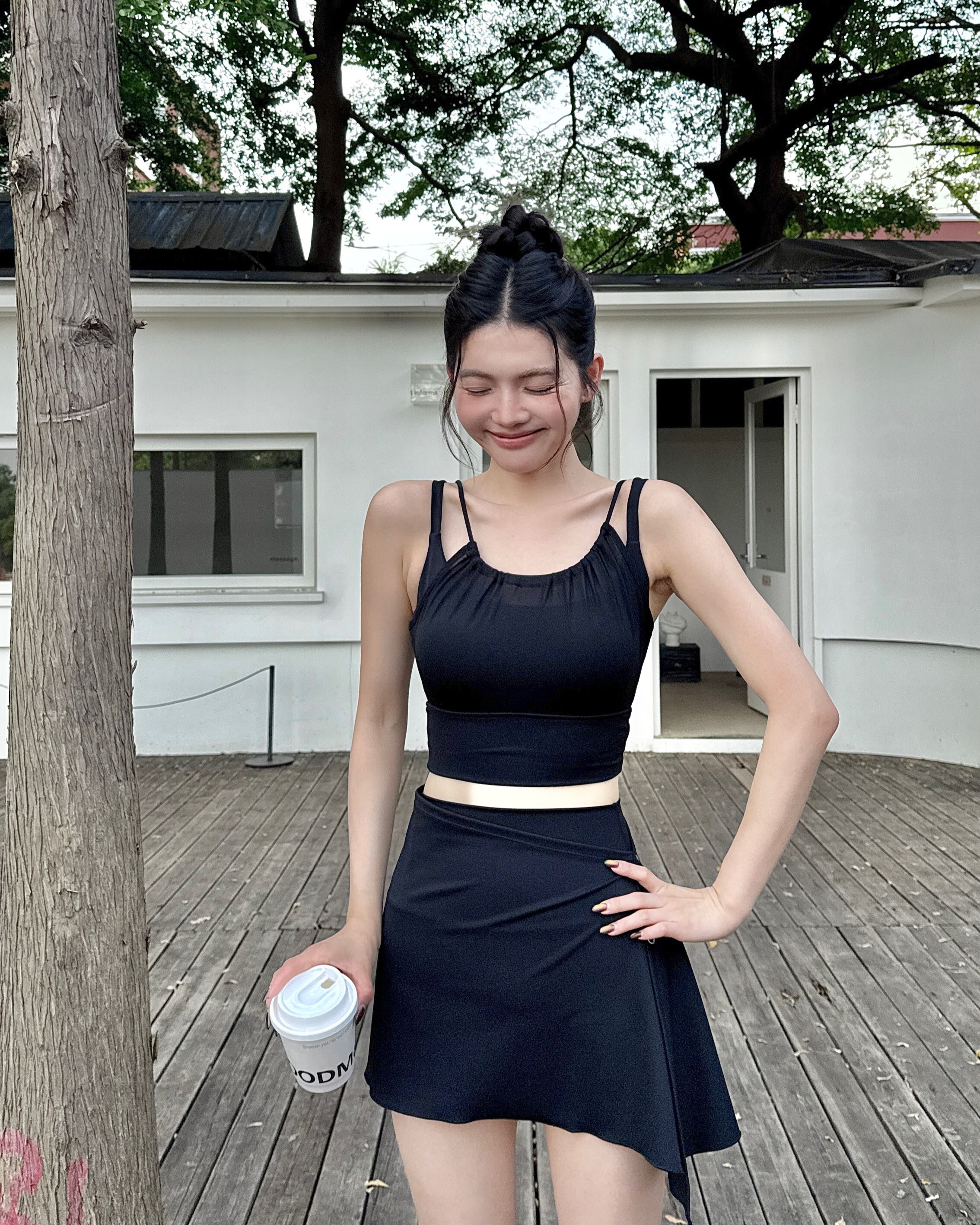 FLOAT 雙肩帶雪紡兩件式上衣-黑色