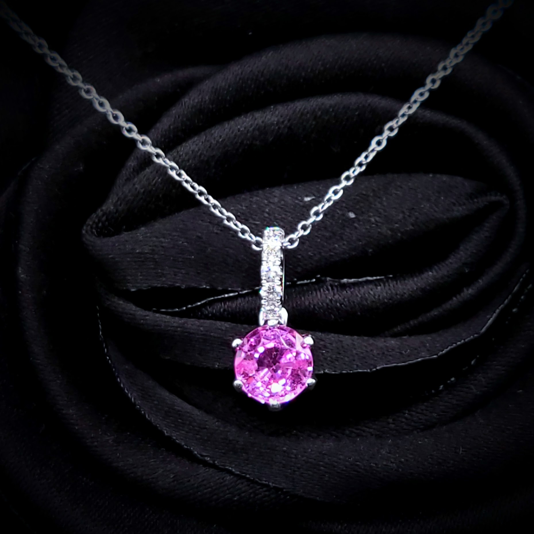 18K White Gold 0.74ct Pink Sapphire and Diamond Pendant