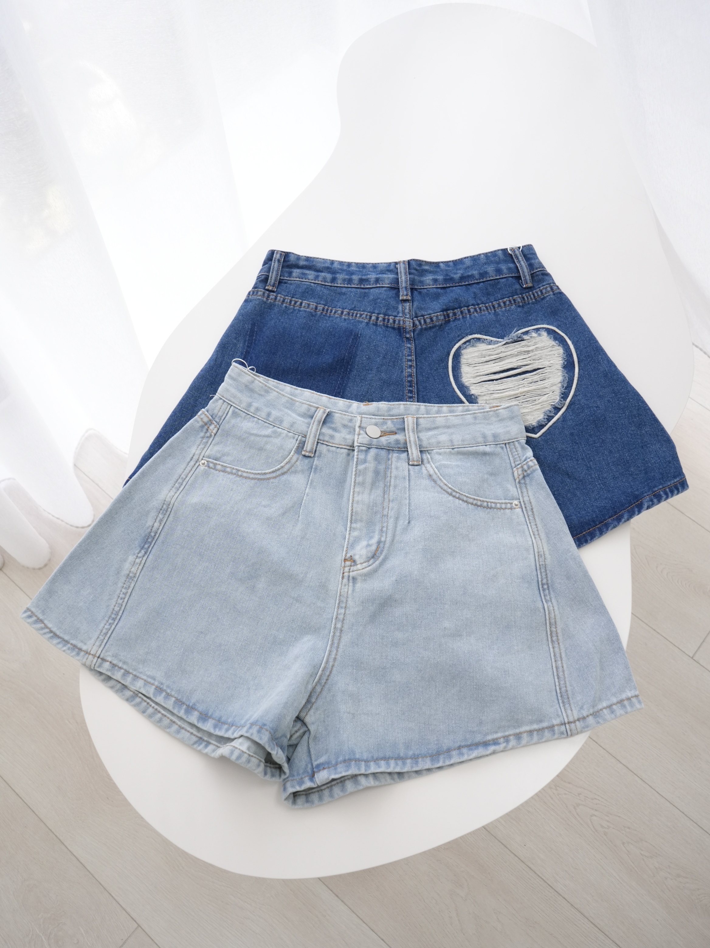 法朵Fado shop｜愛心ﮩ٨ـ♡口袋刷破牛仔短褲 250B017 深藍/淺藍 (S-XL)