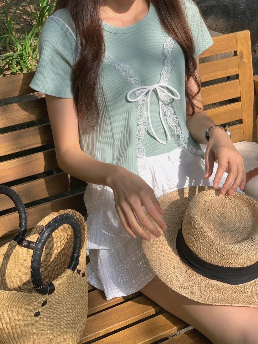 #228N133 別緻lace邊兩件疊穿蝴蝶結上衣