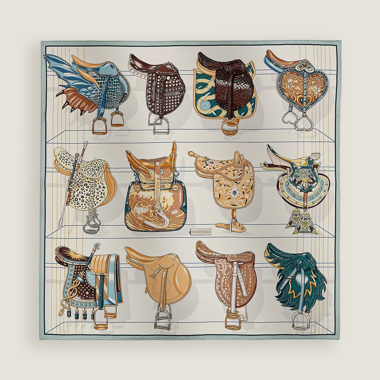 HERMES Tous en Selle scarf 90 gris bleuté / blanc