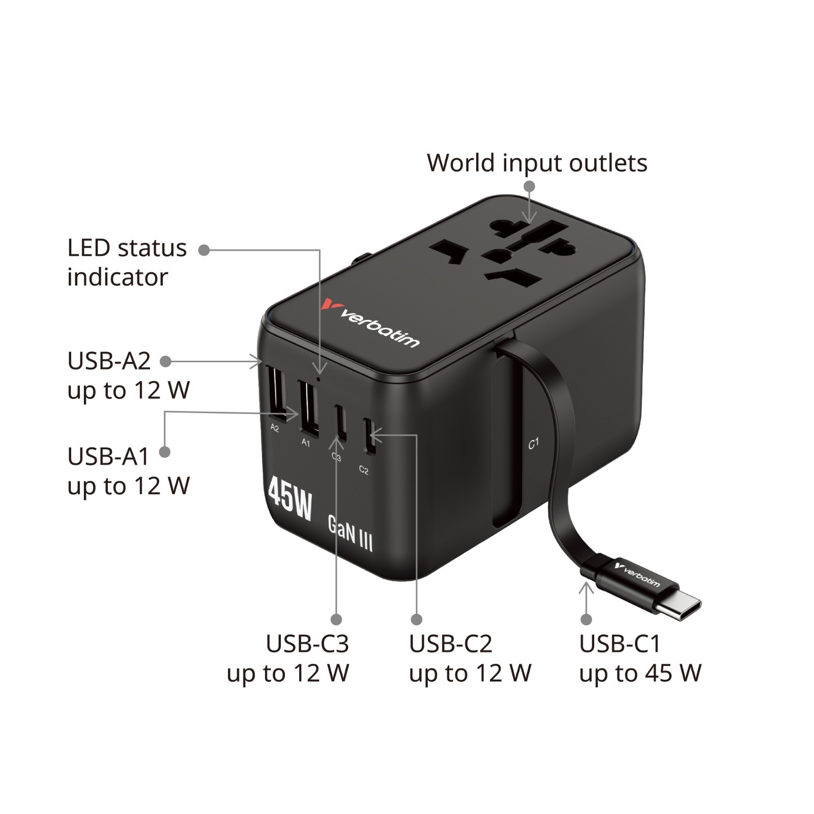Verbatim Charge ‘n’ Travel Adapter 45W with cable - 30182