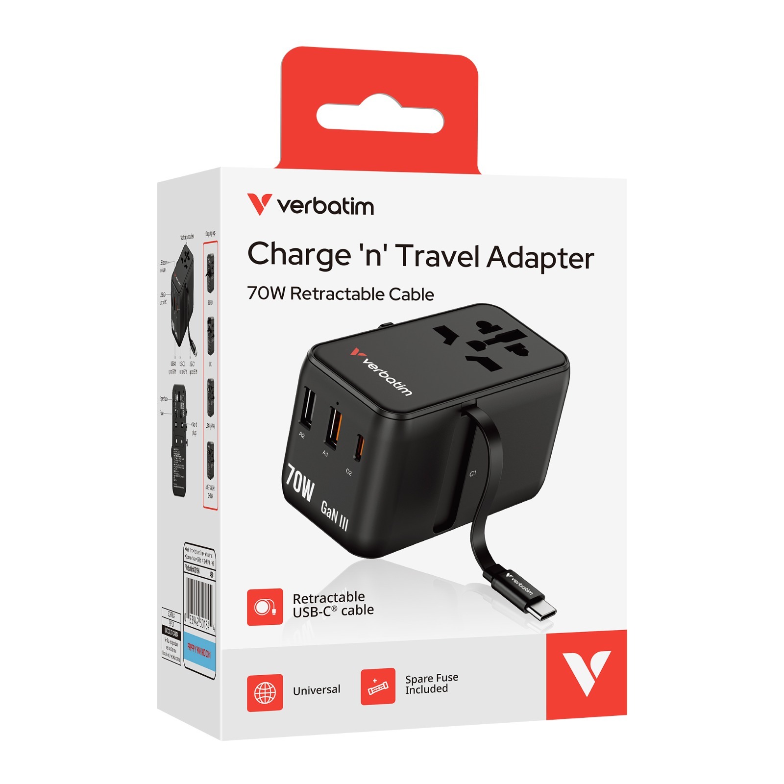 Verbatim Charge ‘n’ Travel Adapter 70W with cable - 30184