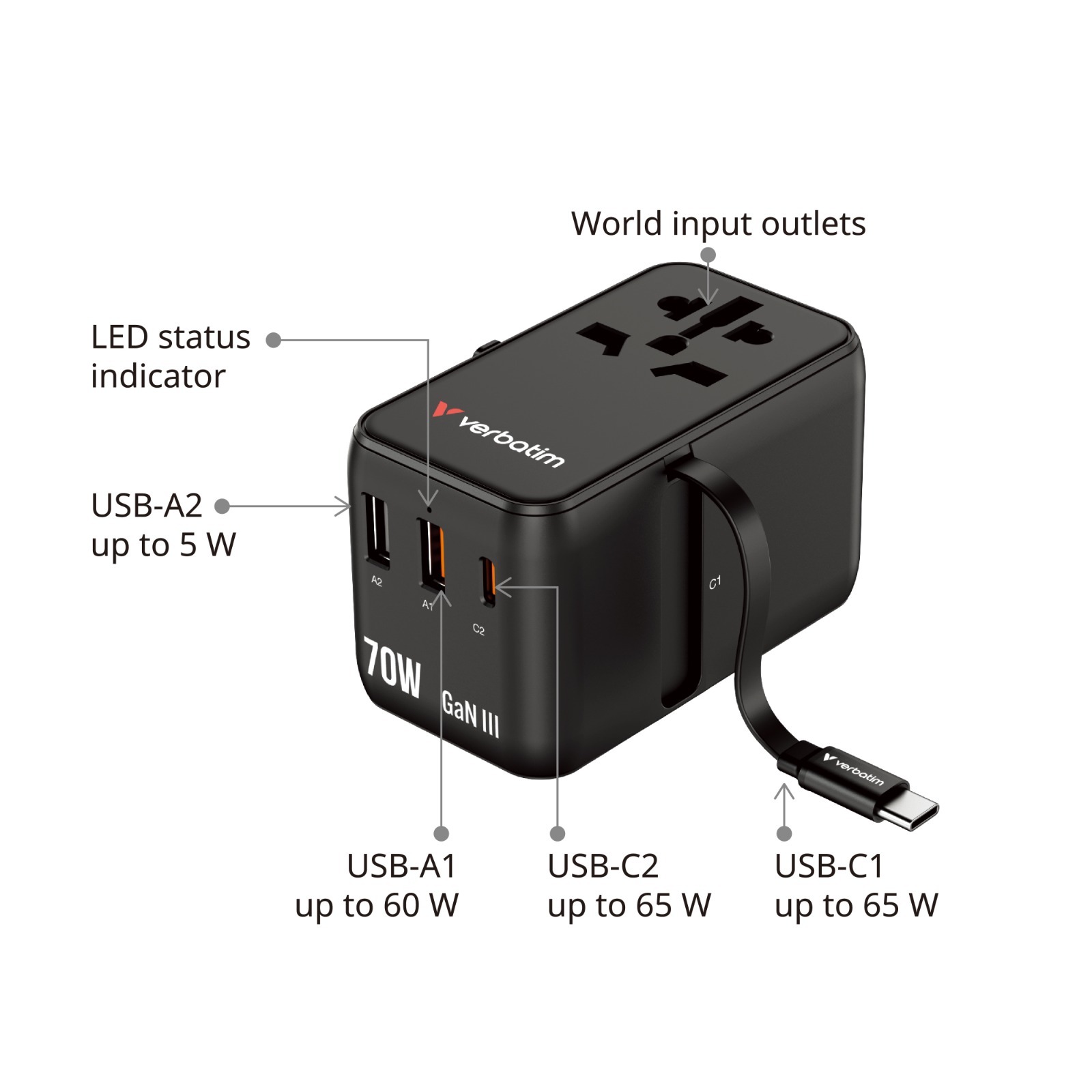 Verbatim Charge ‘n’ Travel Adapter 70W with cable - 30184