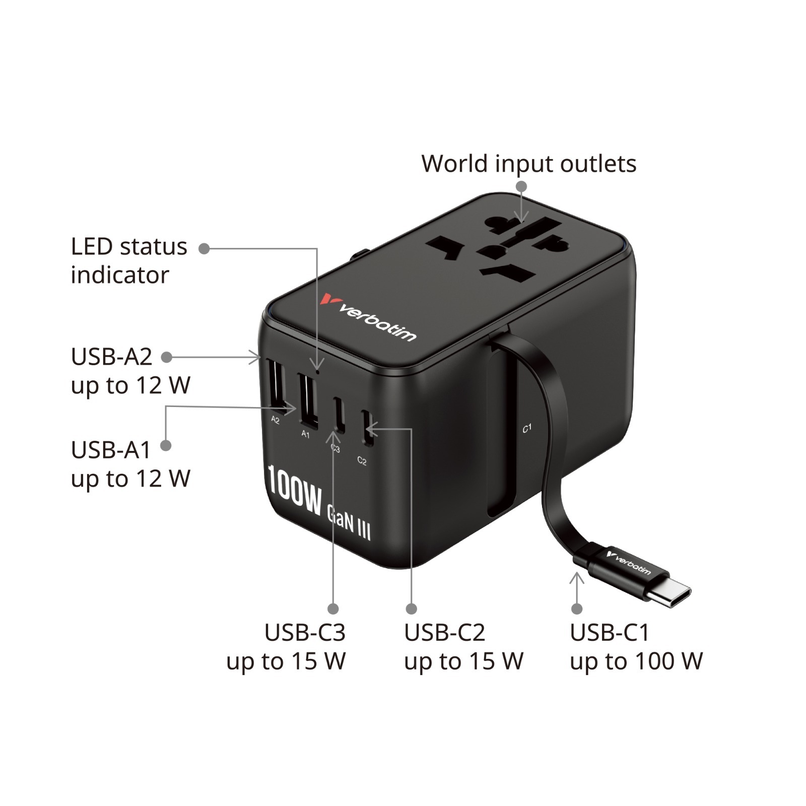 Verbatim Charge ‘n’ Travel Adapter 100W with cable - 30185