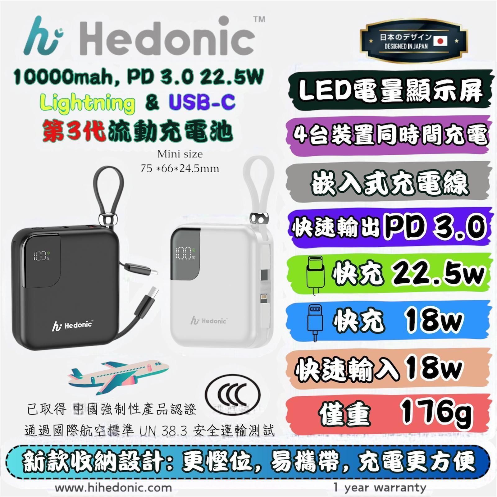 Hedonic PD 3.0 20W Lightning & USB-C Tiny Gen III 10000mAh CCC Portable Battery
