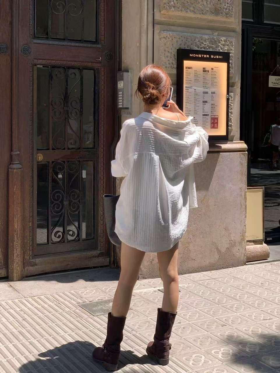 透薄立體直紋恤衫(白色)