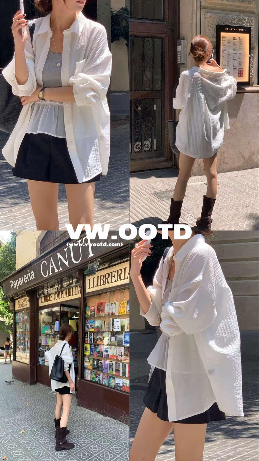 透薄立體直紋恤衫(白色)