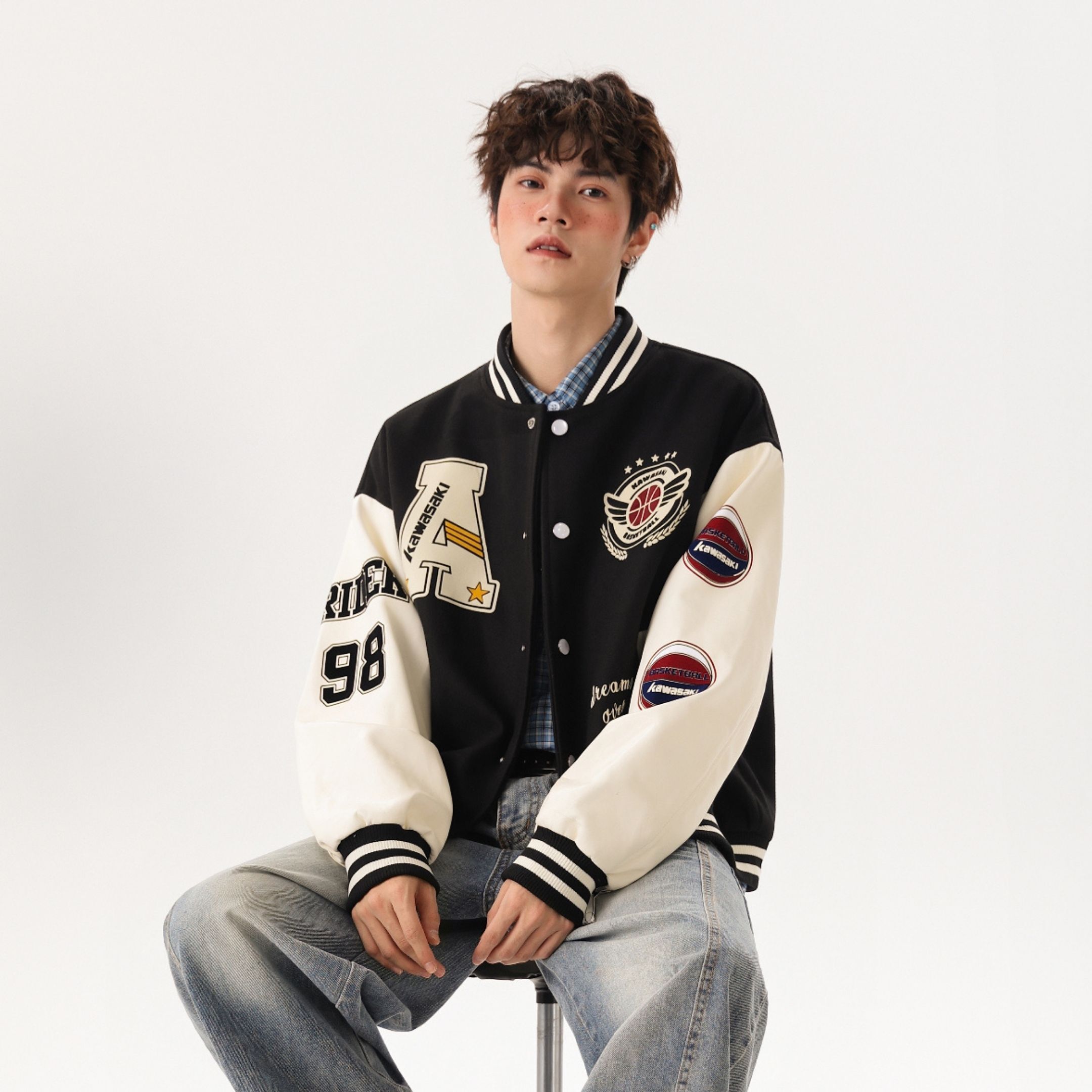NICEDAY 代購 服飾 Kawasaki 川崎 美式 棒球 外套 立領 拼接 復古 絨毛 寬鬆 撞色