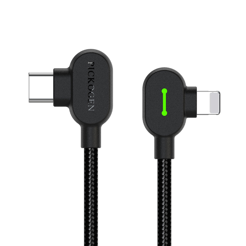 PICKOGEN 雙彎頭L型 PD/Lightning/Type-C/iPhone充電線傳輸線編織線快充線 LED GameFlex 1M